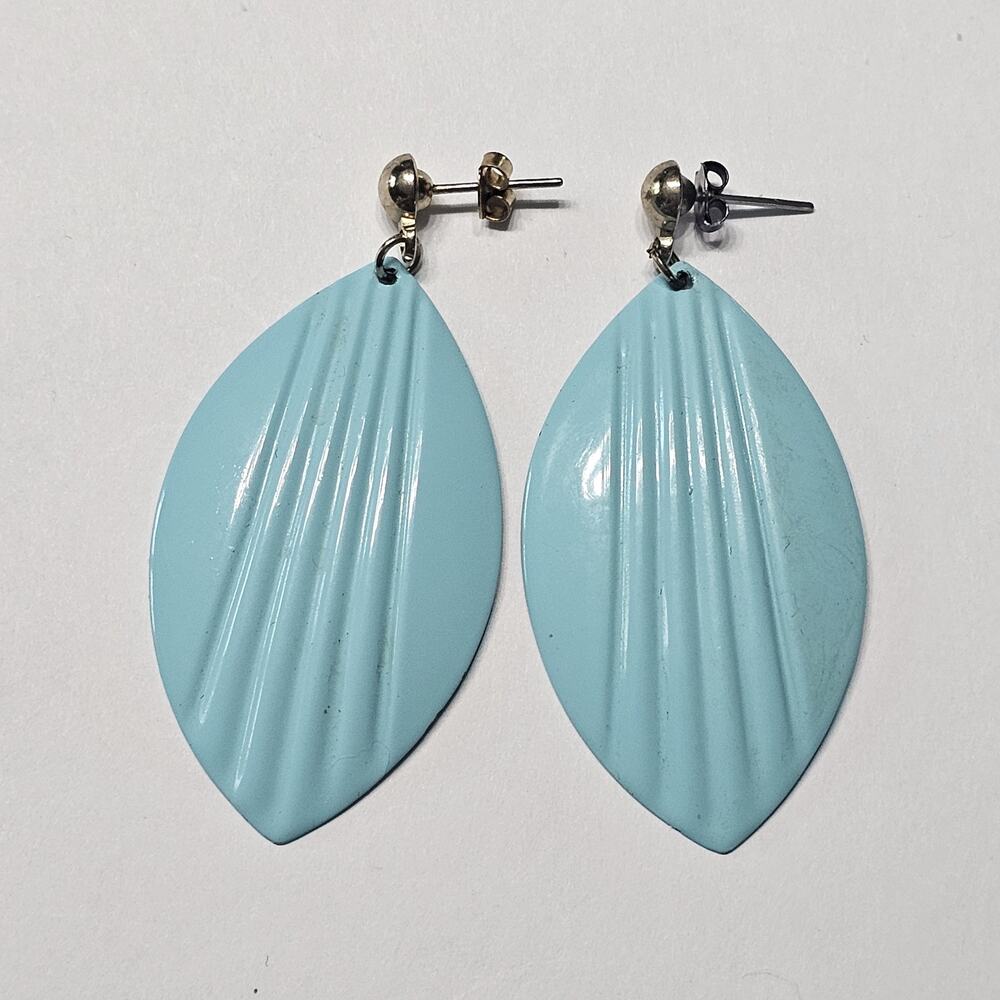 Vintage Aqua Blue Enamel Metal Leaf Earrings 1980s Retro Tropical Resort Jewelry